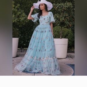 Jessakae Blue Embroidered Tulle Maxi Dress Cottagecore Princess S